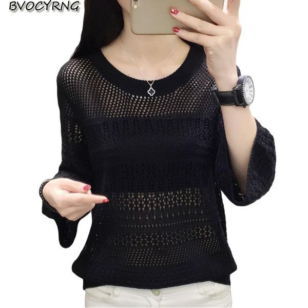 

women's sweaters spring summer o-neck hollow knit short three quarter sleeve pullover women loose sweater female thin sunscreen shirt, White;black