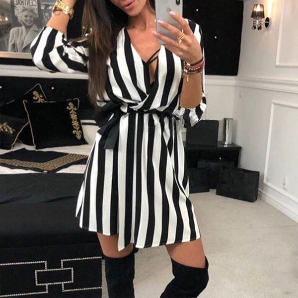 

2021 new autumn half sleeve women v neck female black white striped lacing es mujer midi party vestidos zv47, Black;gray