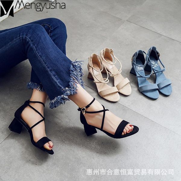 

thick high heels summer woman sandals flock elegant solid cross-tied korean shoes fashion comfy femme sandalias mujer 2021 brief, Black