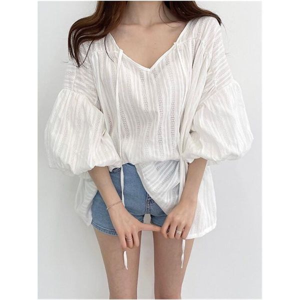 

women's blouses & shirts 2021 summer retro puff sleeves wide loose casual long-sleeved white shirt women