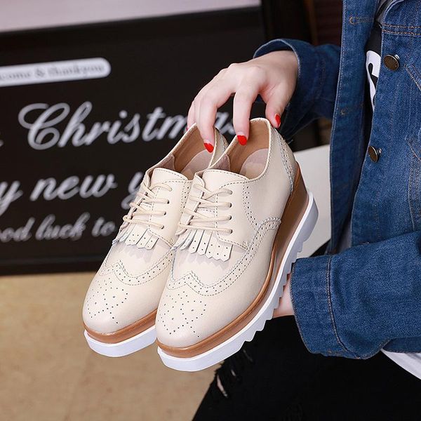 

dress shoes women casual leather lace up platform wedges slanted heel womens england bullock leisure zapatos de mujer, Black