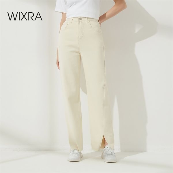 Wixra Women Streetwear Button Zipper Full Length Pant Ladies Loose Straight Pockets Split Casual Wide Leg Jeans 210708