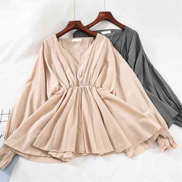 

hisuma autumn women deep v-neck batwing sleeve basic pleated shirt lady elastic slim high waist pullover ruffles blouse 210719, White