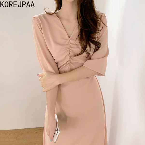 

korejpaa women dress korea fashion chic summer gentle temperament v-neck pleated design waist-tie long bubble sleeve dresses 210526, Black;gray