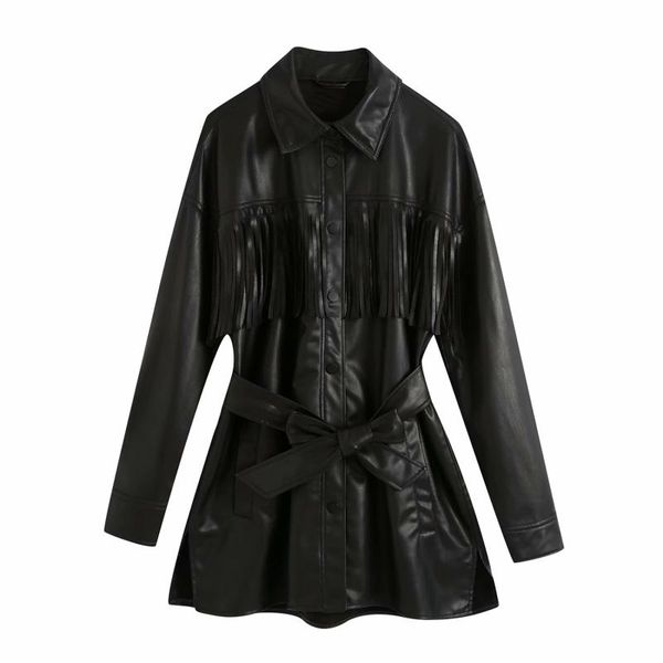 

women's leather & faux vintage chic bow sashes tassel pu jacket women fashion button-up side open coat elegant female outerwear, Black
