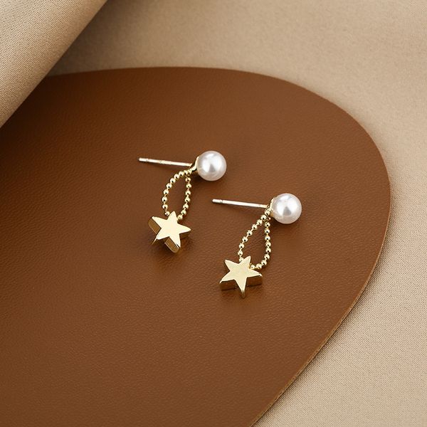

925 silver needle pearl chain five pointed star earrings