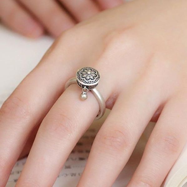 

cluster rings 1 pcs buddhism six-character mantra retro men women ring creative ethnic old lotus pendant opening adjustable punk jewelry, Golden;silver
