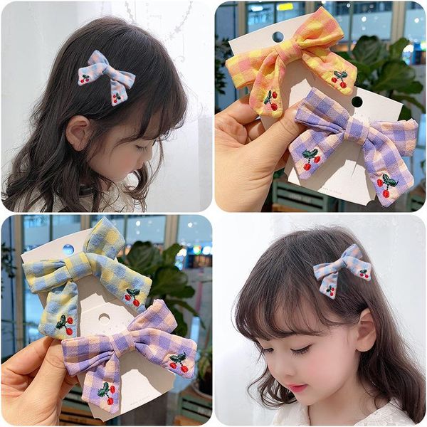 

hair accessories children's cute hairpin ornaments cherry lattice bow bangs clip explosion style girl fabric sweet headwear, Slivery;white