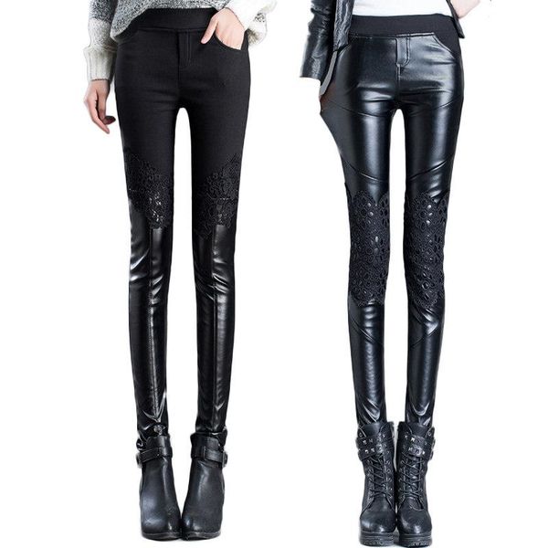 

women's pants & capris winter warm women pu leather stretch bodycon patchwork plus size black trousers long pencil skinny 2021, Black;white