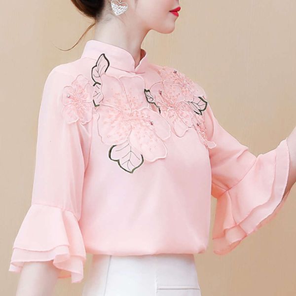 

embroidered chiffon women's summer dress design super xianxian thin belly covering shirt short sleeve t-shirt temperament top, White