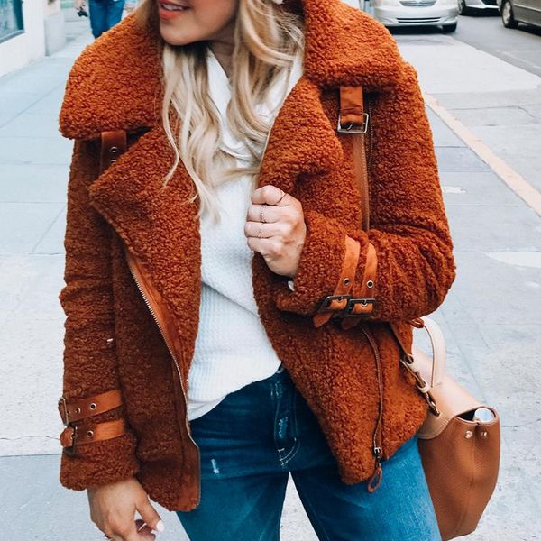 

women's jackets 2021 women teddy motorcycle jacket autumn and winter turn down collar coat female fleece caots, Black;brown