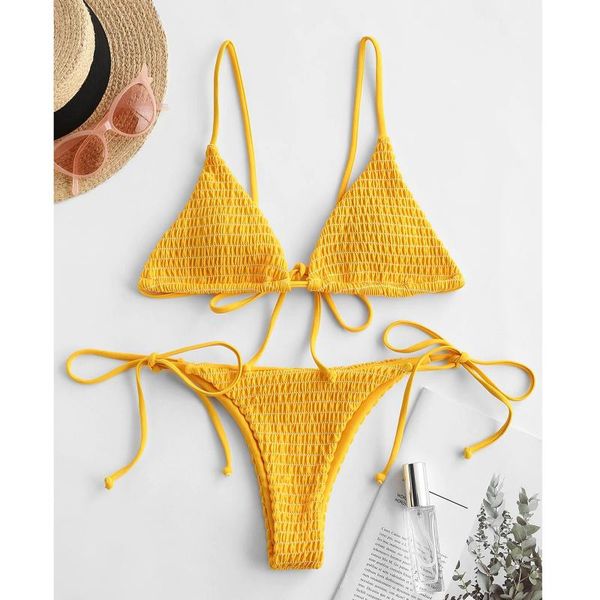 

one-piece suits women bikinis swimwear high waist summer smocked string 2021 mujer set two-piece swimsuit maillot de bain femme