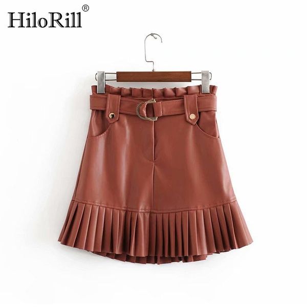 

skirts women chic pu leather pleated skirt 2021 ruffles tie belt waist pocket zipper ladies elegnt mini jupe femme, Black