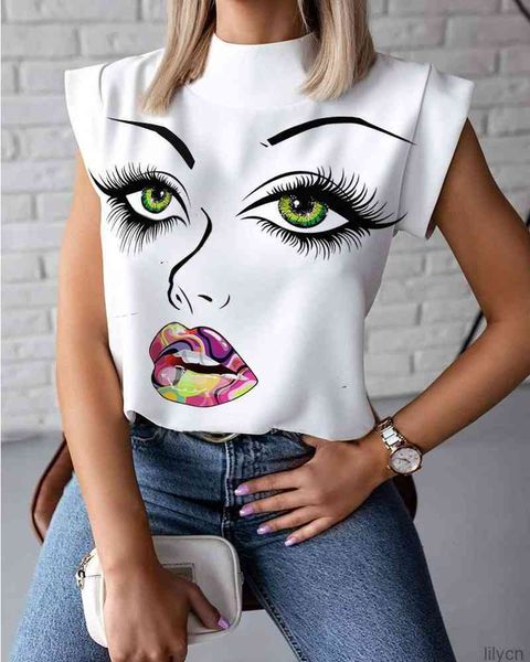 Sexy Frauen Sommer T-Shirt Stand Halsband Lippen gedruckt Tops Tees ärmellose Damen Acetat Größe S-2xl Blusen Frau Frau clo 503