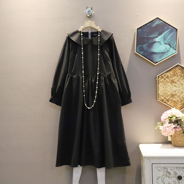 

2021 spring new solid peter pan collar loose plus size casual mid-calf woman xwhr, Black;gray