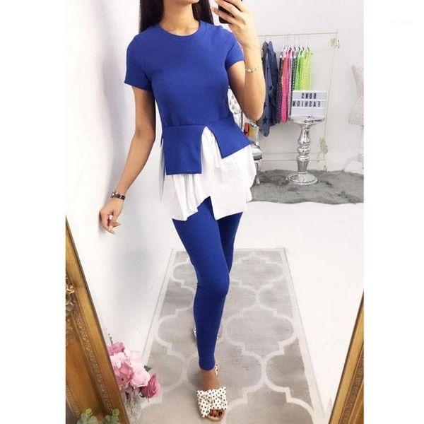 

2 piece set women fashion ruffle patchwork t shirt slim fit pencil pants women's suits female short sleeve long pants 20191, White