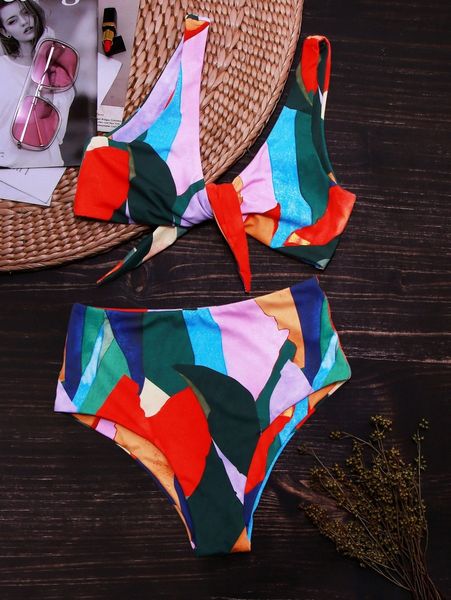 

allover graphic knot front bikini swimsuit l0ux#, White;black