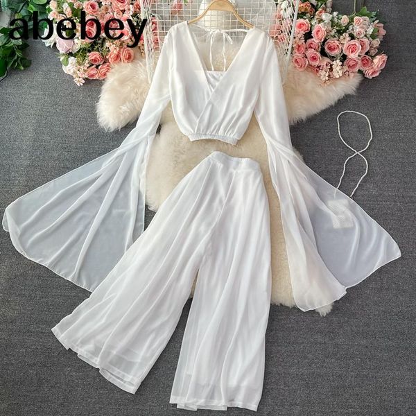

women's tracksuits 2021 summer temperament v-neck flared sleeve backless lace up short shirt + high waist wide leg loose shorts 2-piece, Gray