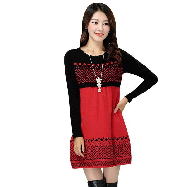 

casual dresses autumn winter warm sweater dress women o neck knitted long sleeve patchwork mini pullovers vestidos rh418, Black;gray