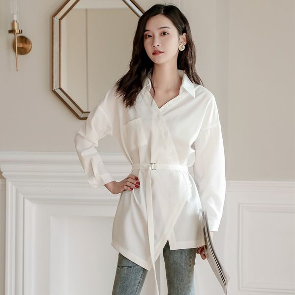 

2021 new women's long sleeve shirt v-neck, single pocket shirt, irregular, ol style, spring and autumn i8r0, Black;white