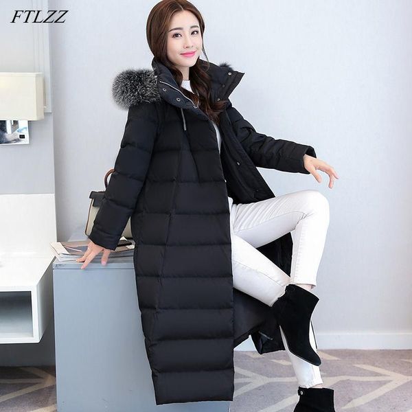 

women's down & parkas ftlzz knee length jacket women 2021 winter big artificial fur coat casual wide waisted light plaid slim outwear, Black