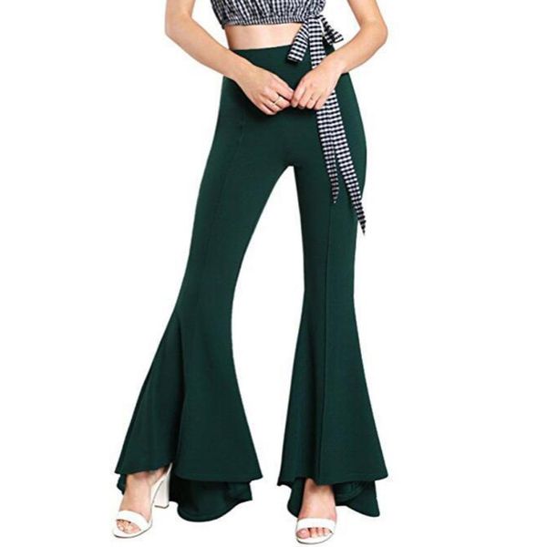 

solid color woman pants long trousers elastic high waist flare pants for women ruffled hem wide leg long pants femme pantalon, Gray