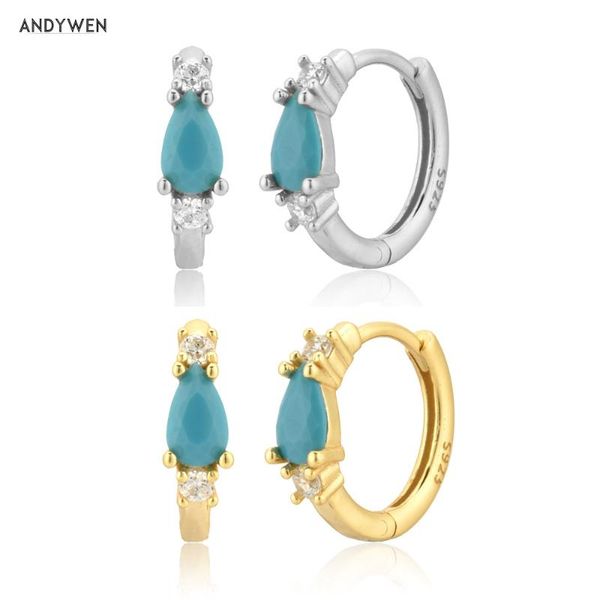 

hoop & huggie andywen 925 sterling silver gold blue 9mm huggies piercing clips hoops women fashion luxury crystal jewelry 2021 rock punk, Golden;silver
