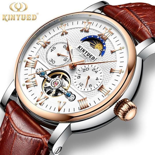 

wristwatches kinyued men's tourbillon automatic watch men skeleton mechanical watches male genuine leather waterproof clock relogio mas, Slivery;brown