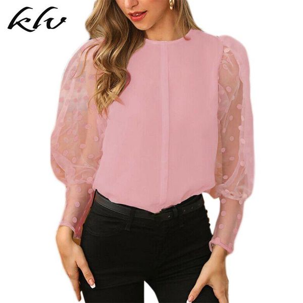 

women plus size mesh puff lantern long sleeves blouse polka dot solid color casual loose shirts round neck summer office, White