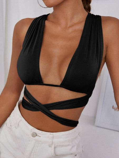 

solid crisscross tie back crop f988#, White