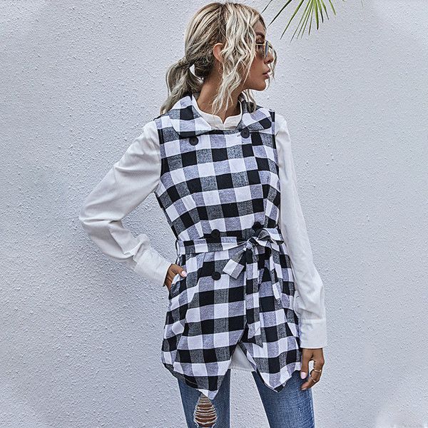 

2021 autumn winter plaid sleeveless irregular bandage blouse for women new double breasted casual shirt yh0x, Tan;black