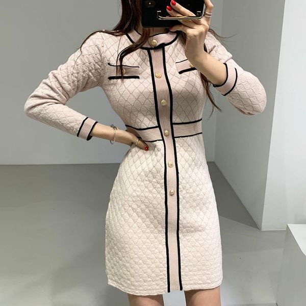 

casual dresses jsxdhk korean chic women sweaters dress autumn and winter single breasted knitted hit color plaid o neck ladies bodycon, Black;gray