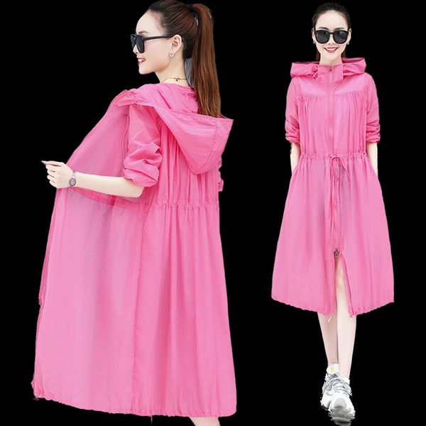 

women's trench coats hooded plus size sun protection clothing women wild thin windbreaker coat anti-uv breathable outdoor long lady sum, Tan;black