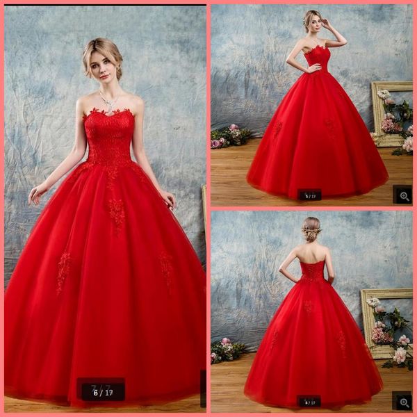 

2021 attractive wholesale red tulle ball gown wedding dress lace appliques strapless sweetheart neck simple princess wedding gowns sale, White