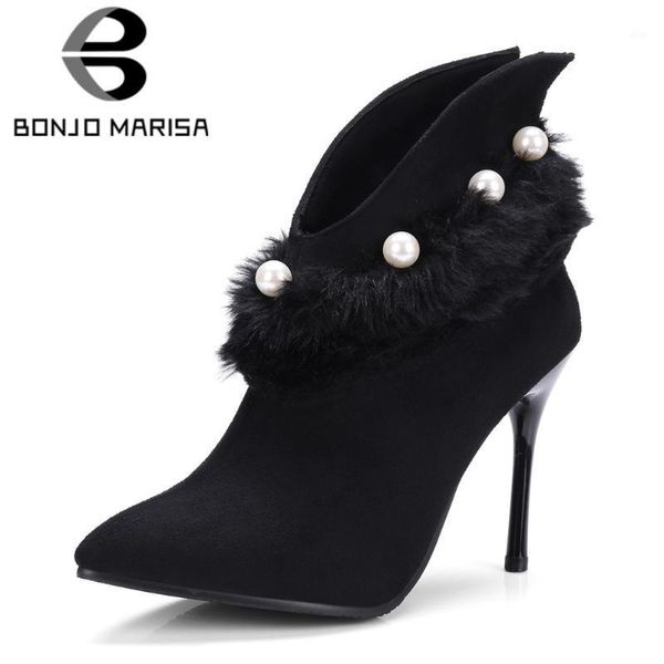 

boots bonjomarisa big size 32-43 flock pearl pointed toe zip high heels shoes woman casual party winter spring ankle1, Black