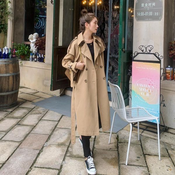 

2021 spring trench long coat for women jackets korean poncho khaki clothes fashion femme robe undefined outerwear moda mujer, Tan;black