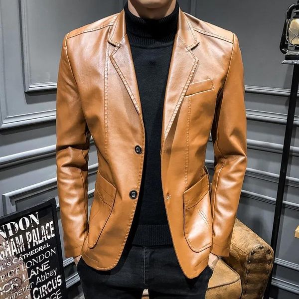 

men's jackets autumn faux leather suit men solid motorcycle long sleeve blazer coats fashion casual slim business pu outwear male 6xl, Black;brown