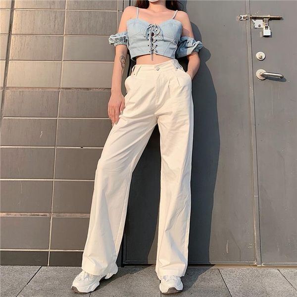 

fashion high waist womens pants solid color woven straight trousers wide leg harajuku omighty casualpants, Black;white