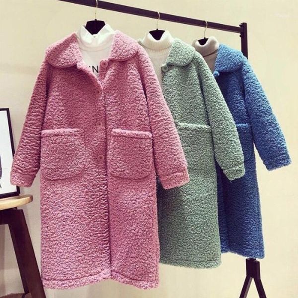 

women's wool & blends lamb warm winter coat women long jackets solid turn-down collar single breasted pockets 2021 korean loose elegant, Black