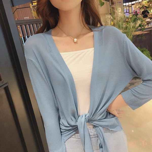 

women's knits & tees thin cardigans women summer short jacket cool iced silk sunproof shirt stylish solid blouse open stitch, White
