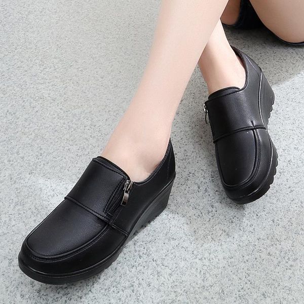 

dress shoes women leather casual round toe wedges black working soft sole comfort high heels woman platform ladies pumps
