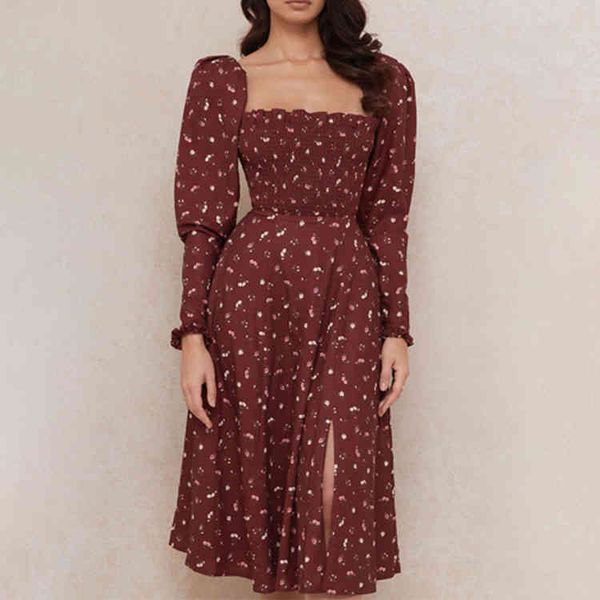 

slash neck long sleeve autumn print women night club party dresses mid-calf length a-line split elegant ladies holiday dress, Black;gray