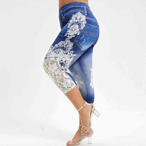 

summer high waist lace splicing capri pants leggings skinny mid-calf seamless jeggings women fitness plus size elastic trouers, Black
