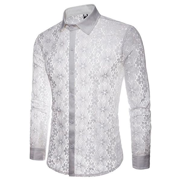 

men's casual shirts handsome and flamboyant cool full lace fashion design nightclub prom wedding long-sleeved lapel shirt, White;black