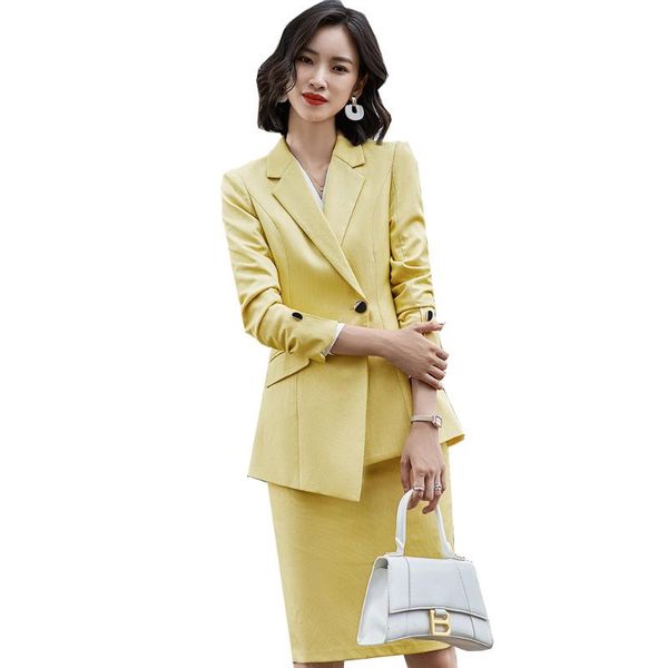 

two piece dress yellow black white blazer and skirt suit women office ladies formal business work wear set