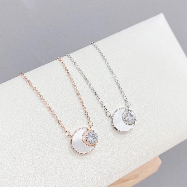 

pendant necklaces vintage zircon shell moon necklace female white moonlight simple gentle temperament clavicle chain, Silver