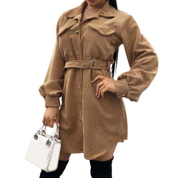 

women's trench coats shirt dress solid color double pockets autumn winter turndown collar lace-up coat for office, Tan;black