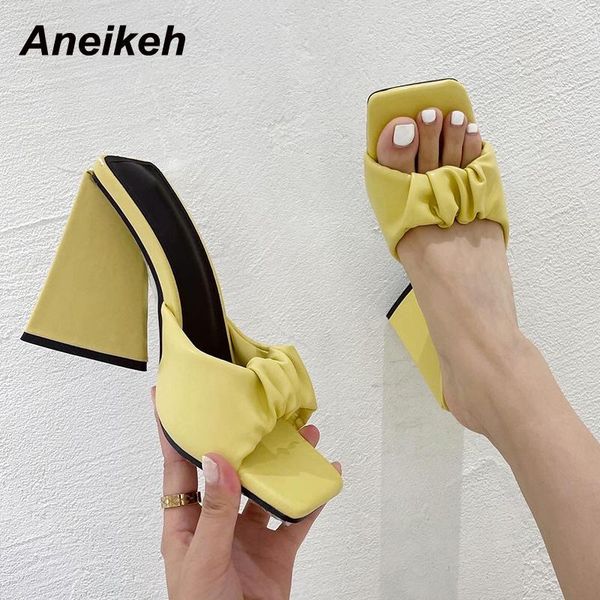 

slippers aneikeh women shoes pleated spring yellow slides solid square heel peep toe outside casual concise pu fashion size 35-41, Black