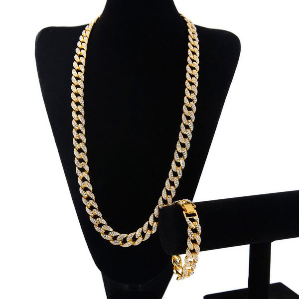 

hip hop iced out 18k gold plated full diamond curb cuban link chain necklace & bracelets 2pcs jewelry sets for men women, Silver