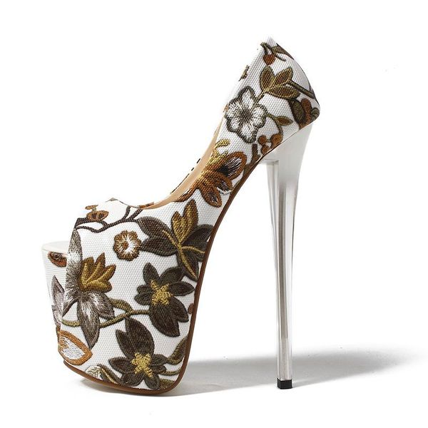 

dress shoes crossdresser zapatos mujer plataforms pumps embroidery ladies 20cm thin heels woman fish mouth female retro flowers, Black